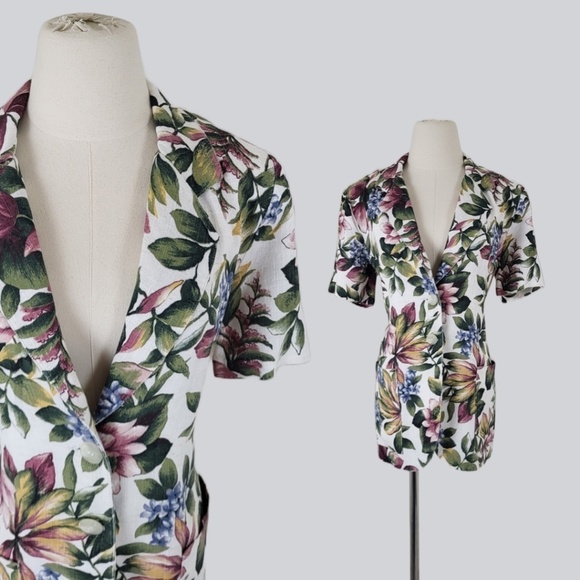 90’s botanical blazer short sleeve blouse button up floral long pockets vintage - Picture 2 of 16